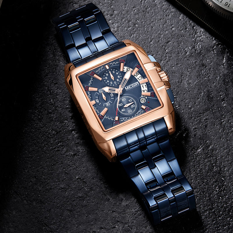 Stainless Steel Blue Rose Gold Luminous Military Sport Watch for Men