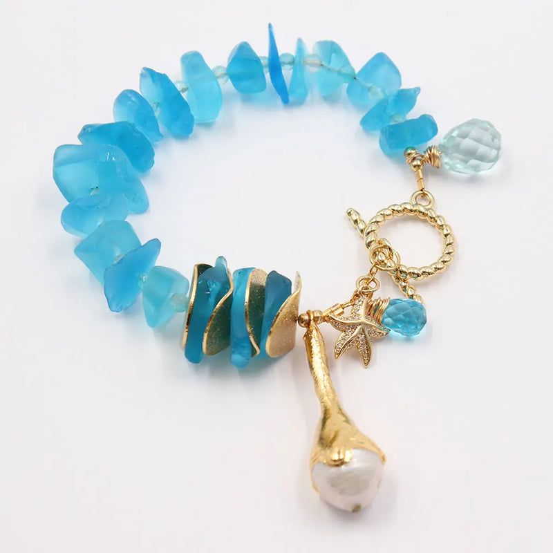 Gold Plated Blue Glass Quartz Keshi Pearl Bracelet with CZ Starfish Charms for Women