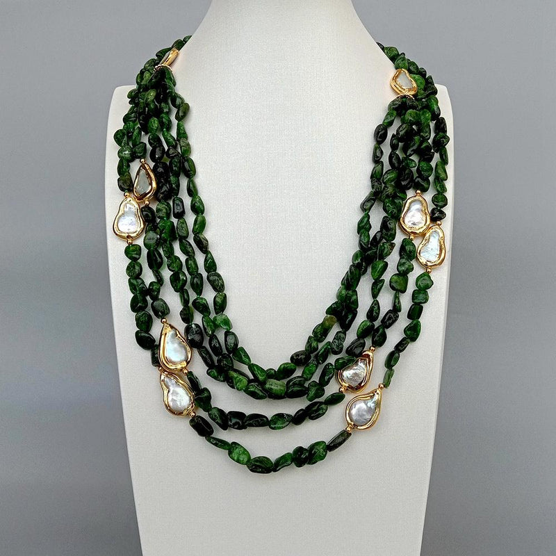 Sterling Silver Green Diopside and White Teardrop Pearl Necklace for Women