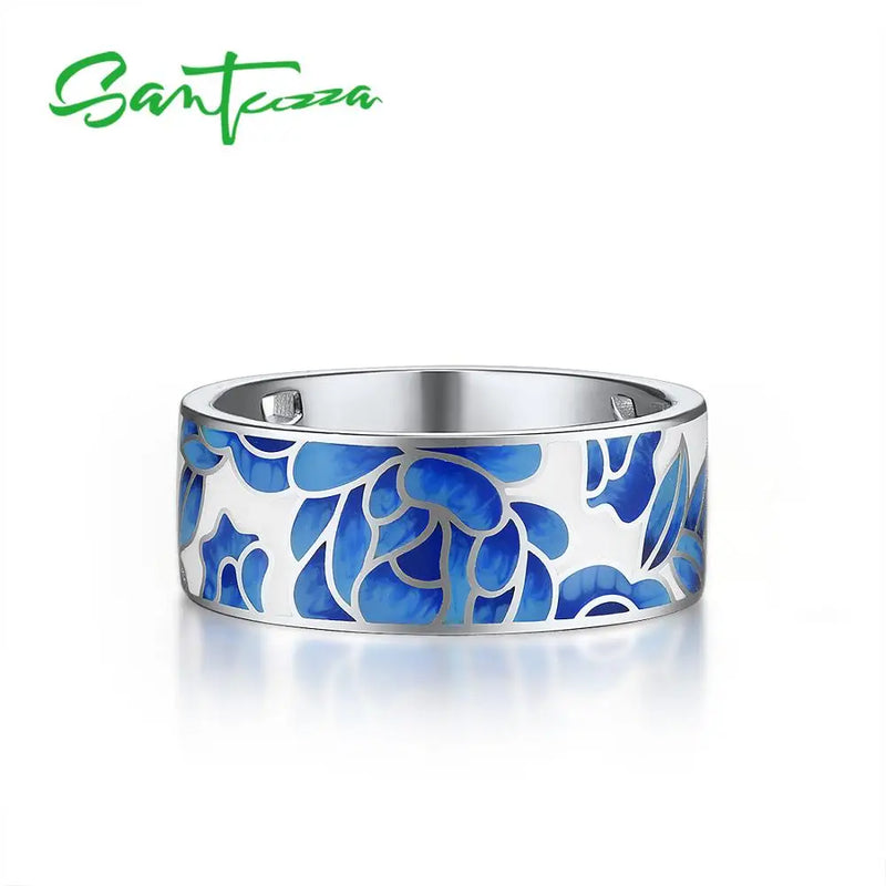 Sterling Silver Blue Flower Enamel Rings for Women