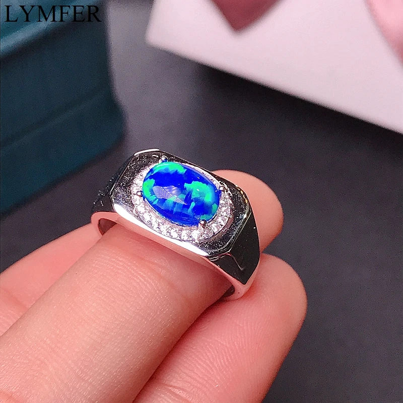 925 Sterling Silver Opal Ring with Blue Fire Color, Natural Australian Opal, Beautiful Design for Men