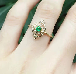 14k Yellow Gold 0.13ct Emerald and Diamond Ring for Women