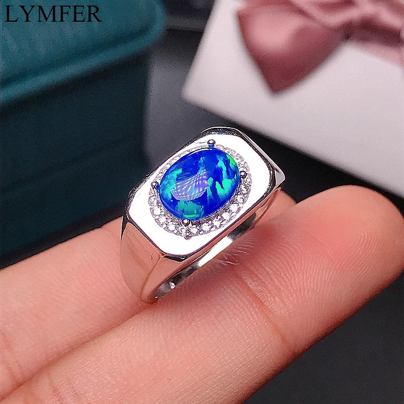 925 Sterling Silver Opal Ring with Blue Fire Color, Natural Australian Opal, Beautiful Design for Men