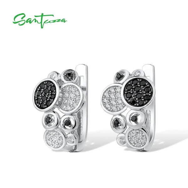 925 Sterling Silver Round Black Spinel White CZ Stud Earrings for Women