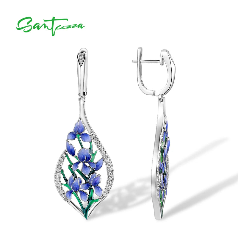 Sterling Silver White CZ Blue Orchid Flower Drop Earrings for Women