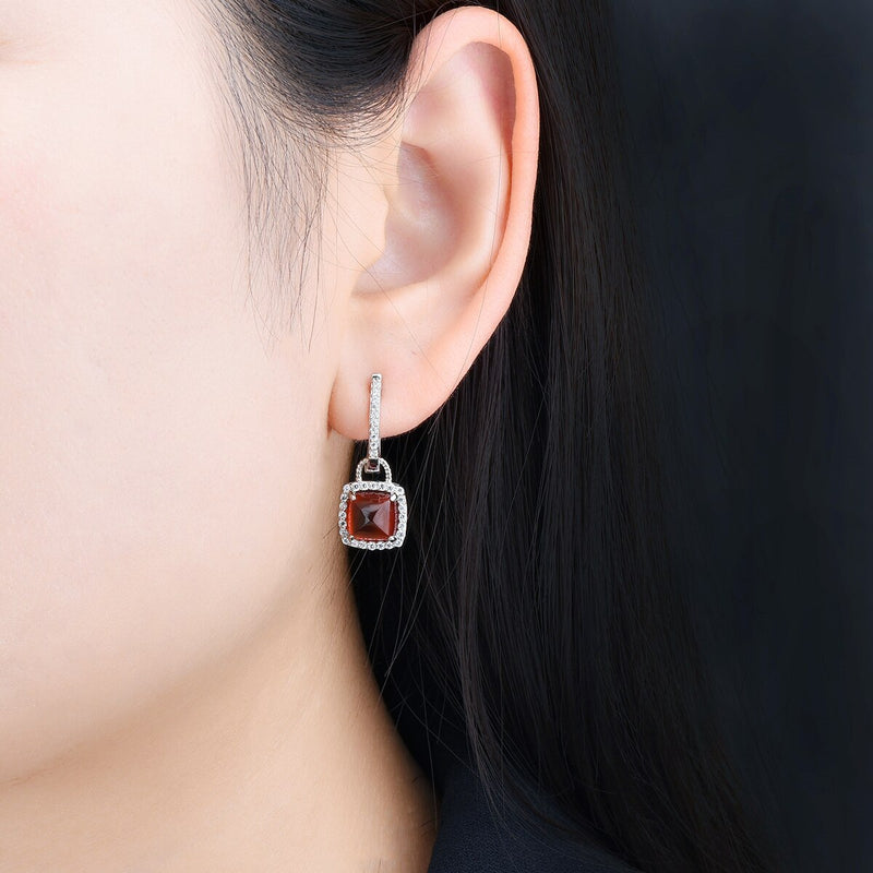 Silver Spessartite Garnet Sugar Loaf Drop Earrings for Women