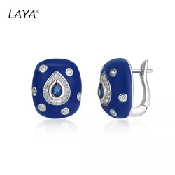 Sterling Silver Clip Earrings with Blue Enamel and Zircon, for Women