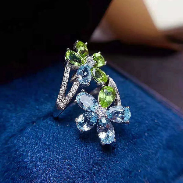 Sterling Silver Olivine Topaz Flower Ring for Women