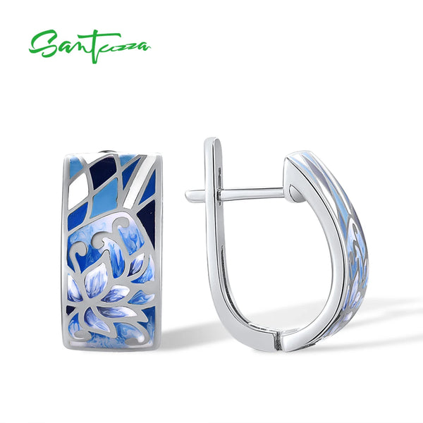 Sterling Silver Blue Flower Enamel Earrings for Women