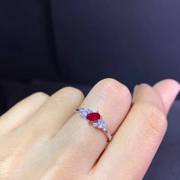 925 Silver Hemp Flowers & Red Ruby Ring for Woman