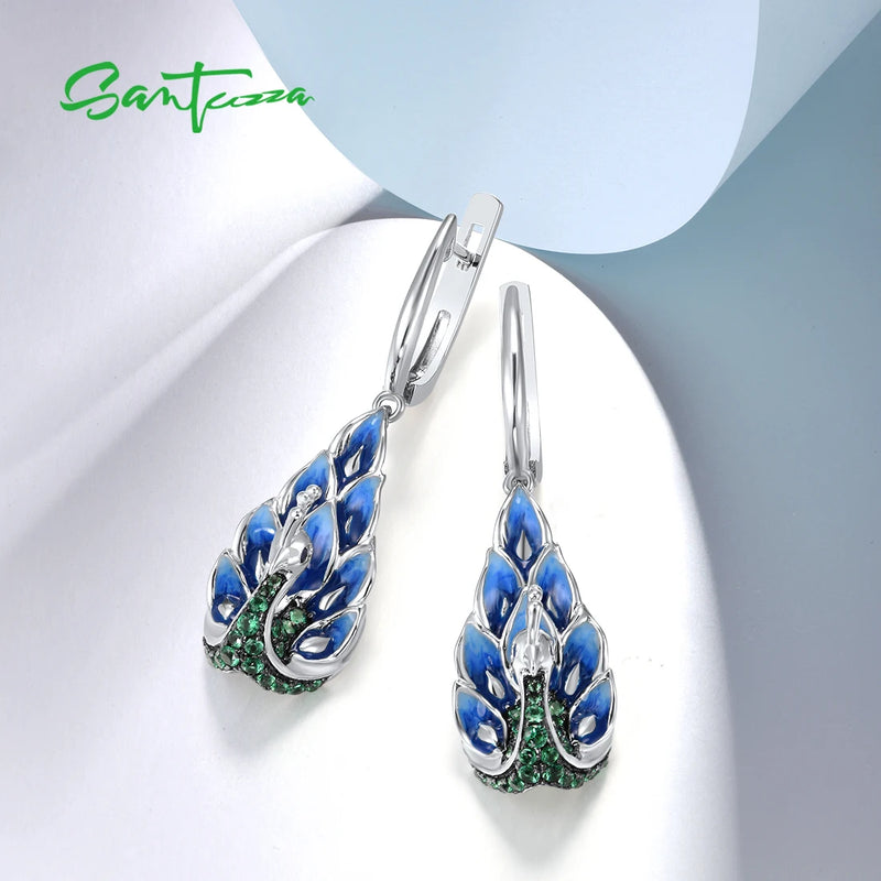 Sterling Silver Green Spinel Blue Enamel Peacock Drop Earrings for Women