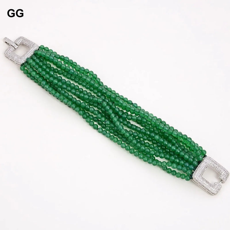 Sterling Silver 8mm Green Jade Bracelet with Cubic Zirconia Clasp for Women