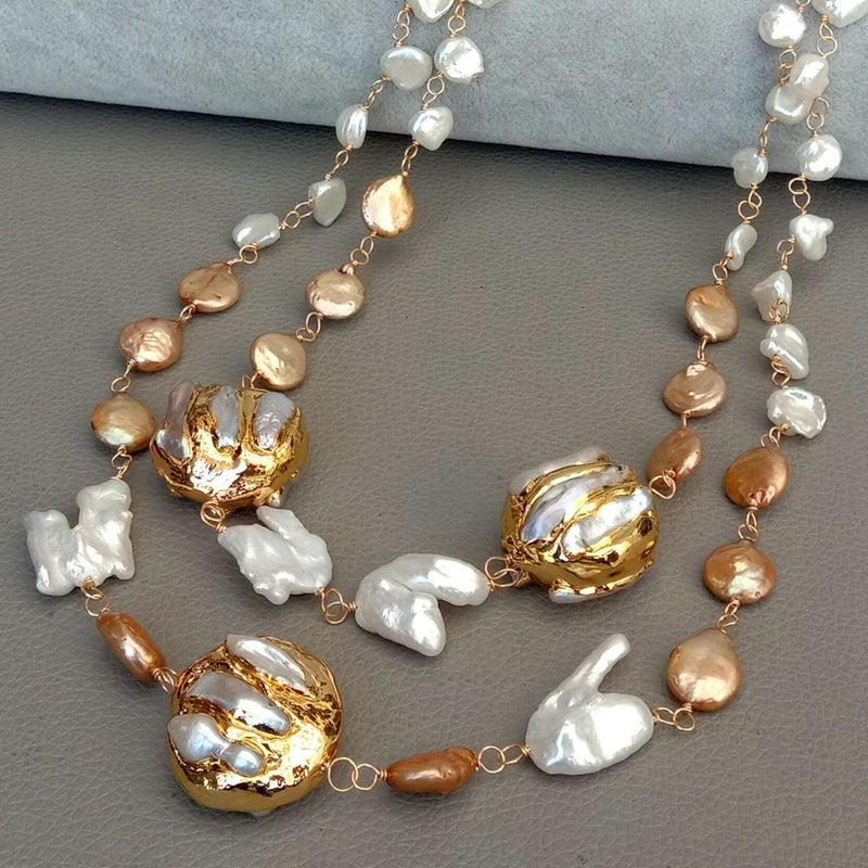 20\" Cultured white keshi pearl champagne coin pearl 24 K Yellow Gold color Plated Pearl statement Necklace party women