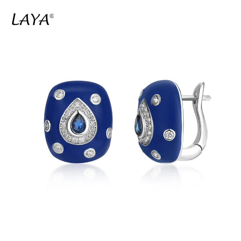 Sterling Silver Blue Enamel Zircon Clip Earrings and Ring Set For Women