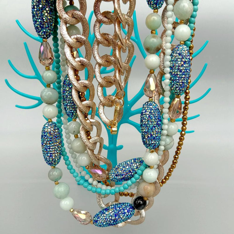 Y.YING 6 Rows Multi Strands Necklace Blue Amazonite Crystal Pave Statement Jewelry 28 statement necklace\"