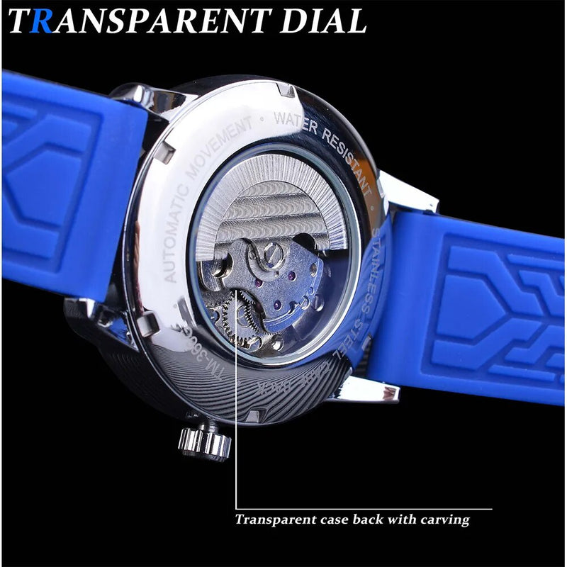 Stainless steel automatic transparent case men's watch.