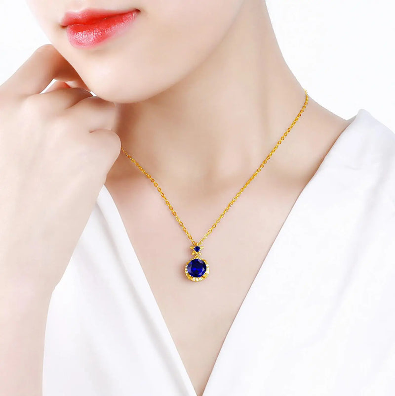 18K Gold Blue Sapphire Pendant Necklace For Women