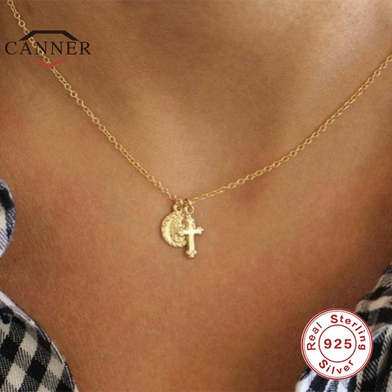 Sterling Silver Virgin Mary Medal and Cross Pendant Choker Necklace for Women