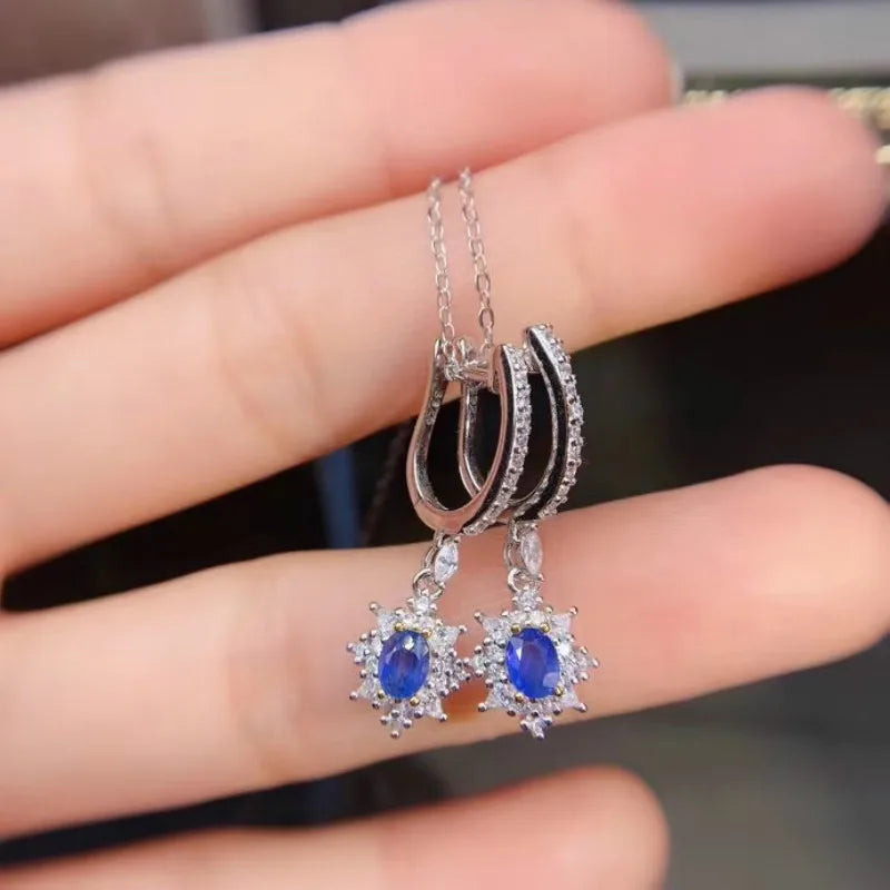 Sterling Silver Oval Cut Natural Sapphire Drop Dangle Earrings for Women