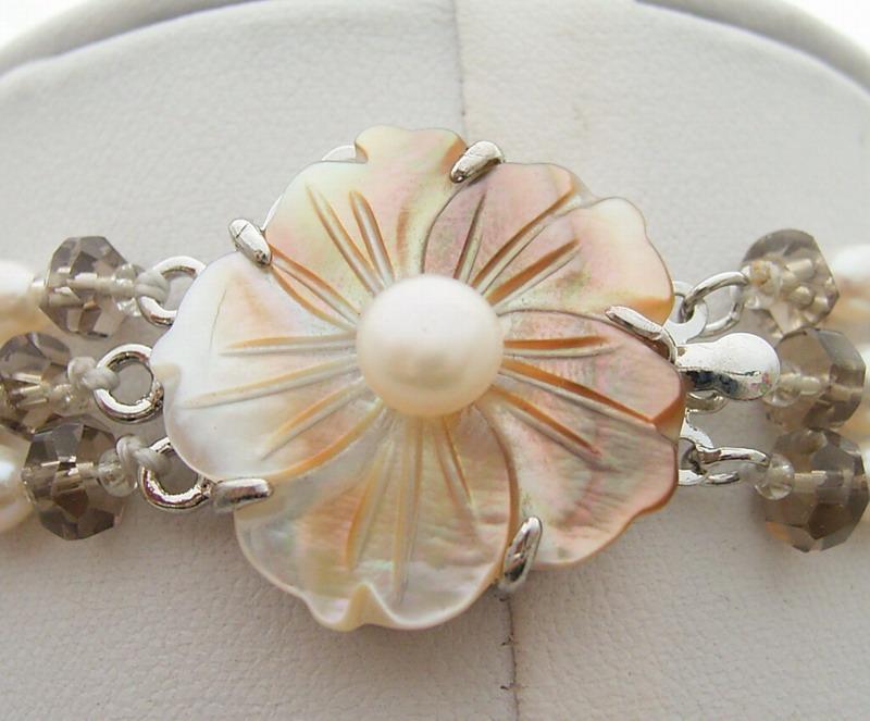 Silver Freshwater Pearl Crystal Shell Flower Necklace for Women