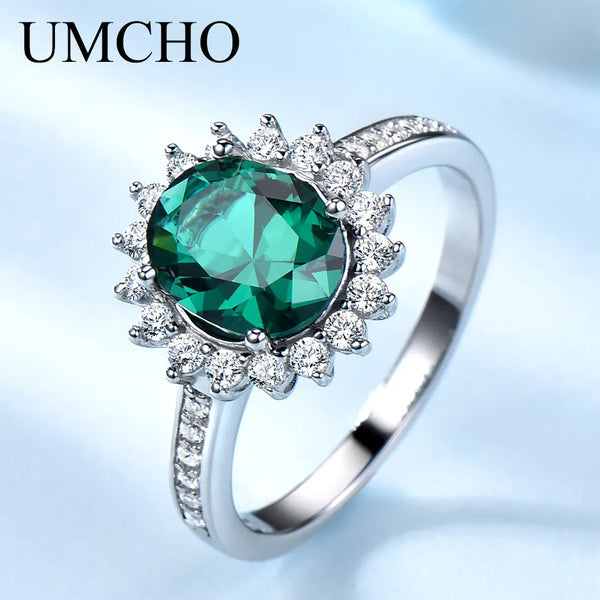 925 Sterling Silver Green Created Nano Emerald Ring for Women