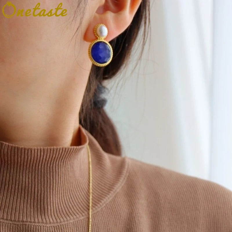 Sterling Silver Gold Plated Lapis Lazuli Pendant Earrings Set for Women