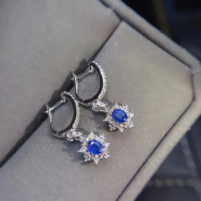 Sterling Silver Oval Cut Natural Sapphire Drop Dangle Earrings for Women