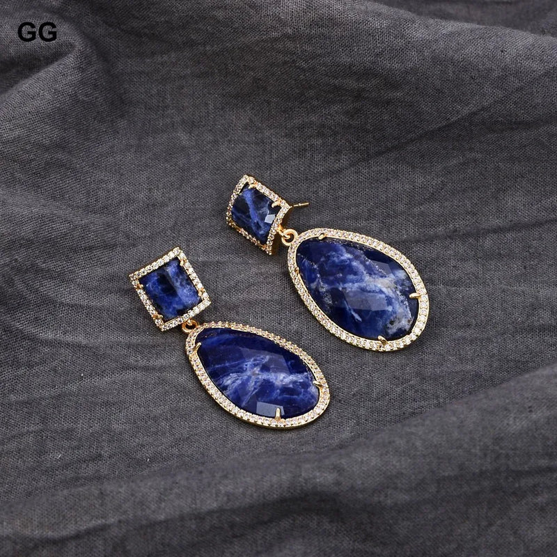 18K Gold Plated Sodalite Blue Druzy Dangle Stud Earrings for Women