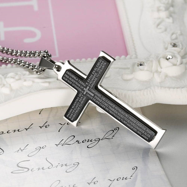 Black Titanium Crossover Prayer Pendant Necklace for Men