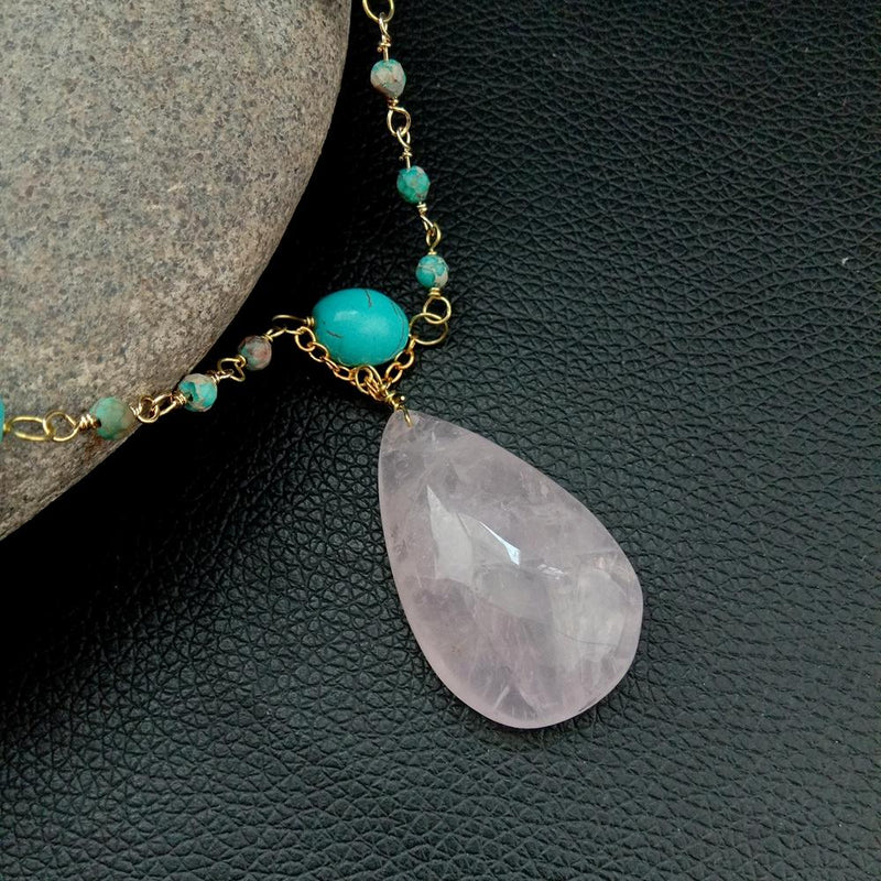 Silver Sea Sediment Jaspers 7 Carat Necklace with Rose Crystal Pendant for Women
