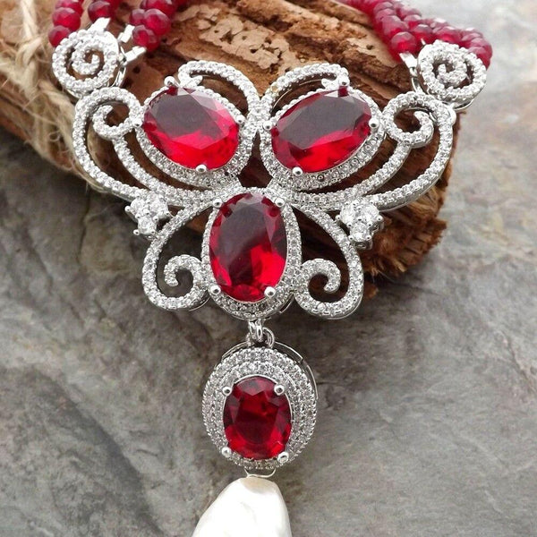 YYING 19 4 Strands4mm  Faceted Rondelle Red Jades Necklace White Keshi Pearl CZ Pave Pendant