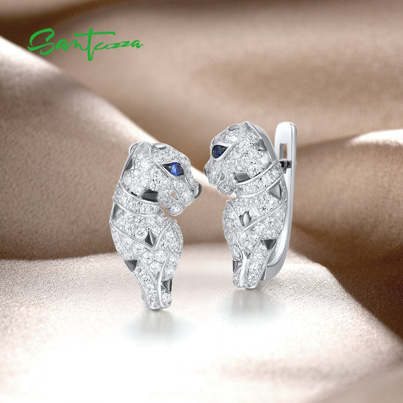 Sterling Silver Leopard Stud Earrings with Nano CZ Stones for Women