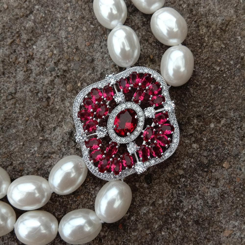 White Shell Pearl CZ Pave Pendant Necklace for Lady