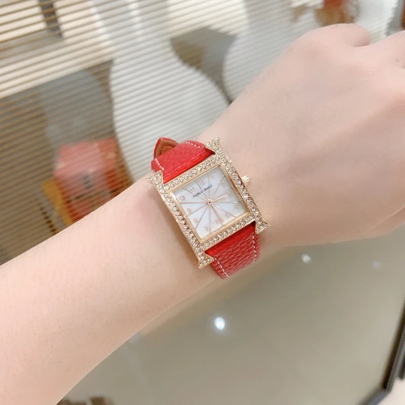 Luxury Diamond Women's Wristwatch with Leather Band and Orange Jewelry Details