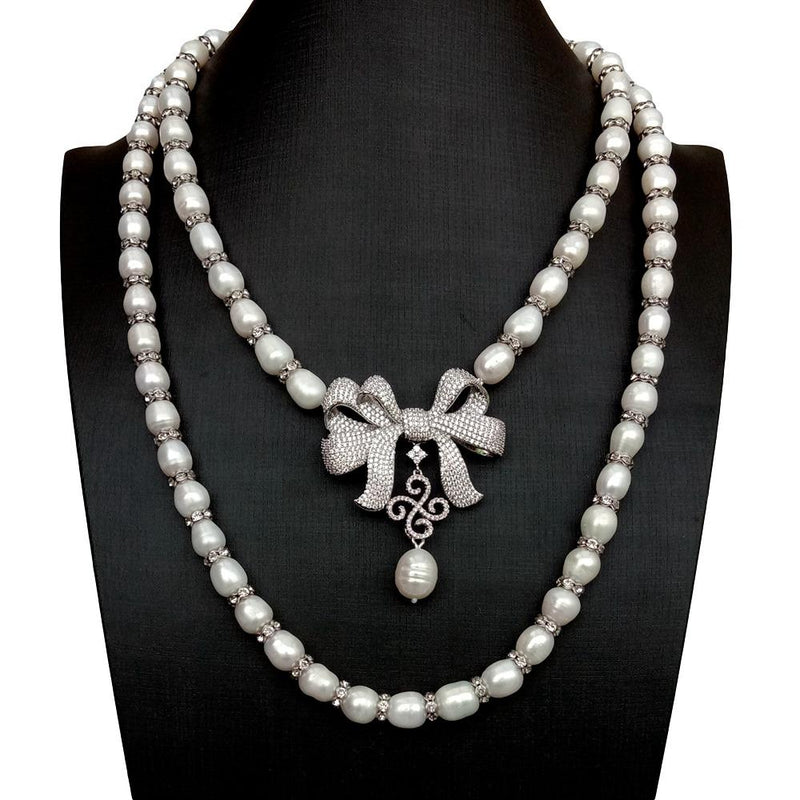 Silver Freshwater Cultured White Rice Pearl Necklace with Bowknot Pendant for Women