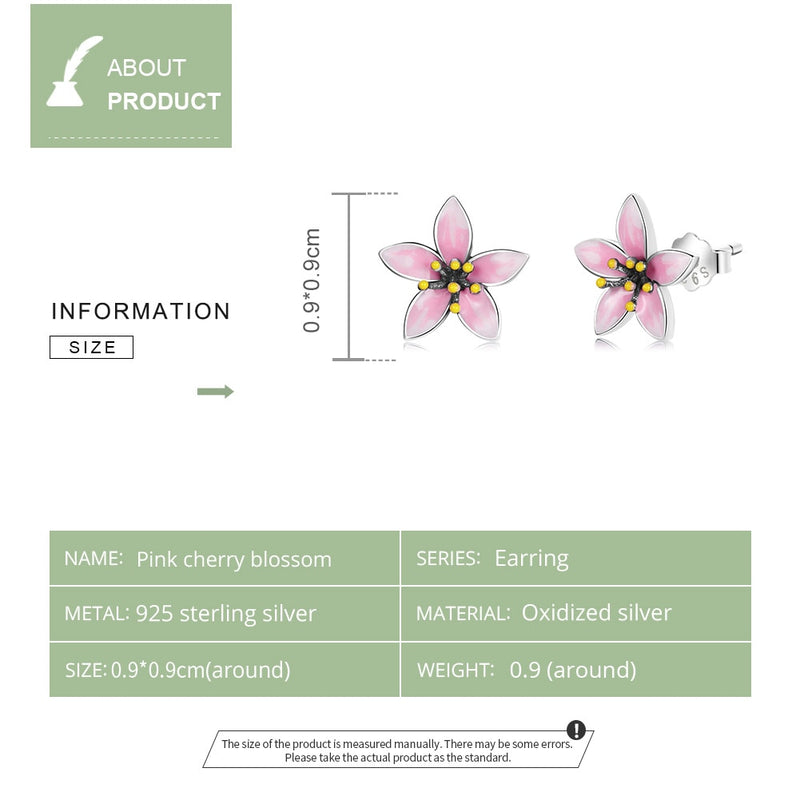 925 Sterling Silver Enamel Pink Cherry Blossom Stud Earrings for Women