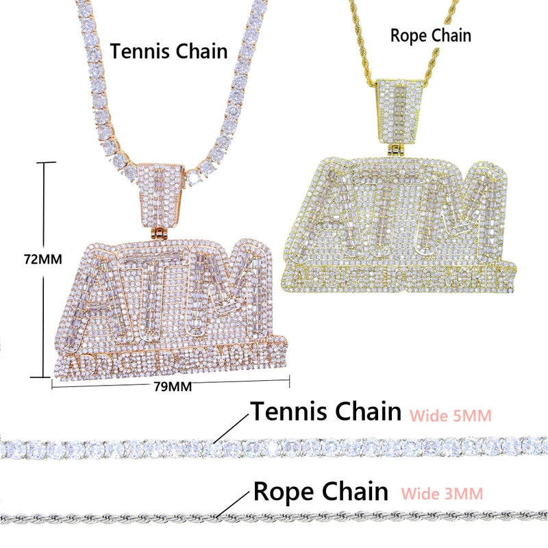 Stainless Steel Iced Out Bling 5A CZ Letters Pendant Necklace, 5mm Tennis Chain, Mens