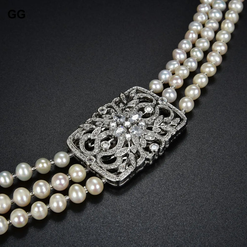 Silver or Gold Plated 3 Strand Natural White Pearl CZ Connector Long Necklace For Lady