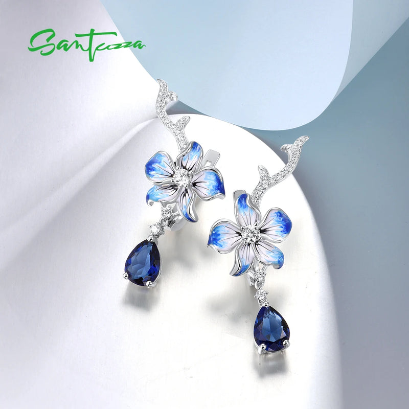 Sterling Silver Blue Stone CZ Flower Earrings for Women