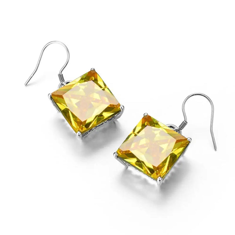 925 Sterling Silver Yellow Crystal Square Earrings for Women