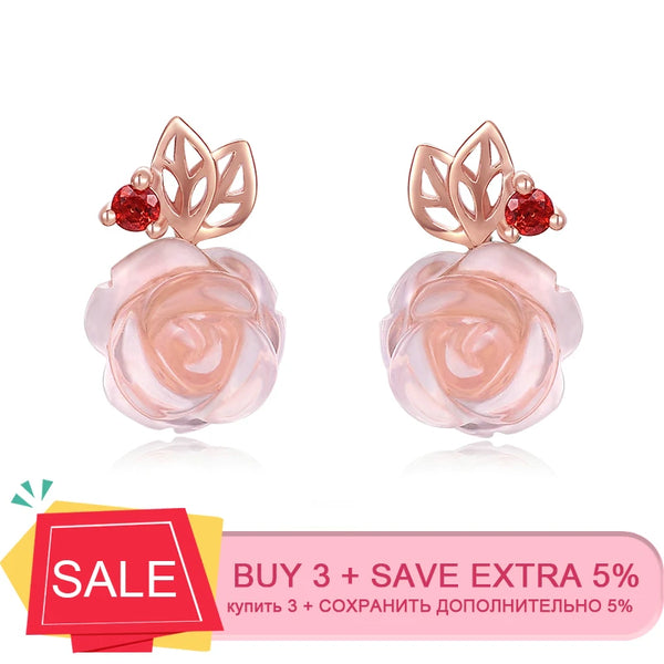 Sterling Silver Natural Rose Quartz Rose Flower Stud Earrings for Women