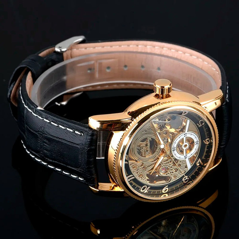 Stainless Steel Skeleton Automatic Watch with Leather Band for Men