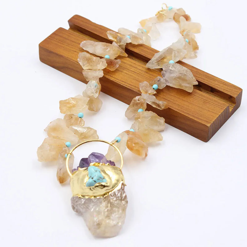 Gold Plated Natural Yellow Citrine Topaz Rough Nugget Necklace with Amethyst Turquoise Pendant for Women