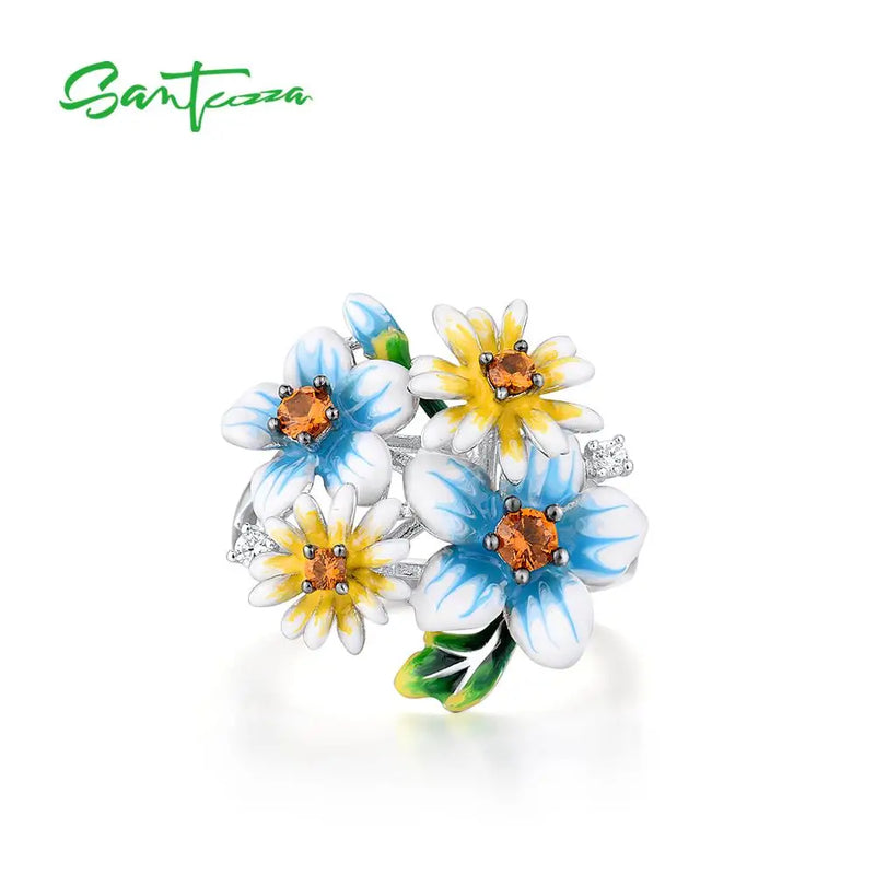 Sterling Silver Flower Enamel Rings Cubic Zirconia for Women