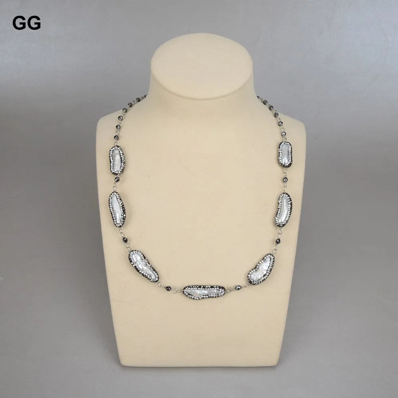 GG Natural White Biwa Keshi Pearl Black Marcasite Faceted Round Hematite Necklace For Women