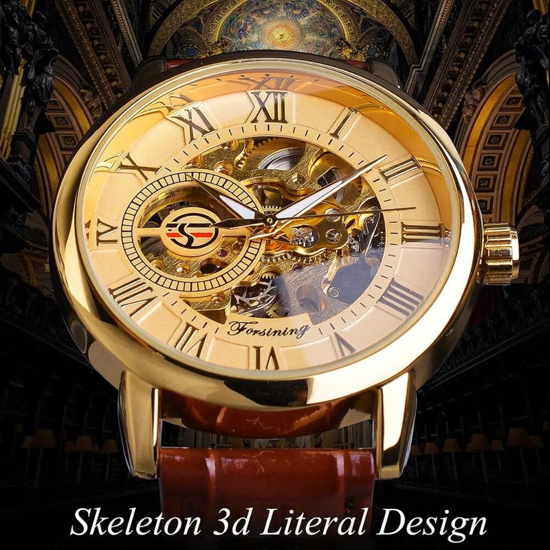 Gold Roman Numeral Skeleton Mechanical Watch with Brown Leather Strap for Men