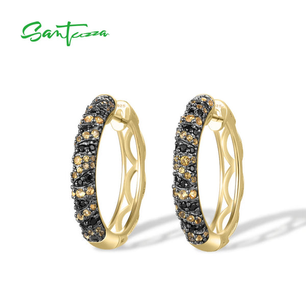 925 Sterling Silver Black Spinel & Yellow Cubic Zirconia Hoop Earrings for Women