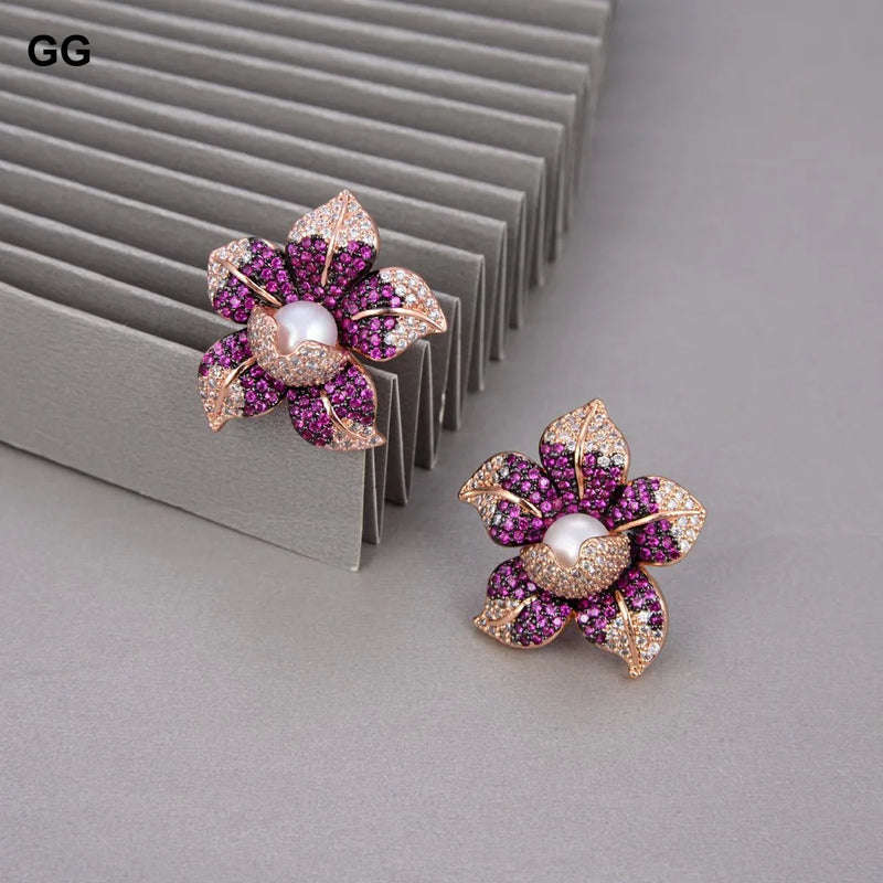 Rose Gold Plated White Pearl & Cubic Zirconia Flower Stud Earrings for Women