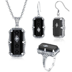 925 Sterling Silver Black Onyx Pendant Earrings Ring Set for Women