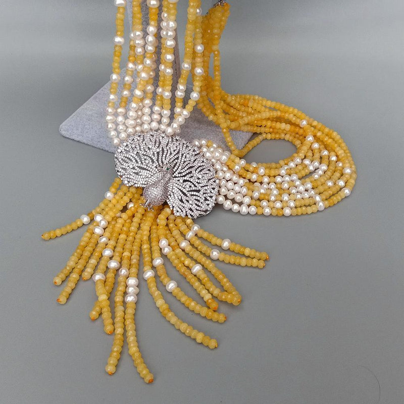 Silver 9 Strands Yellow Jade & White Freshwater Pearl Peacock Pendant Necklace for Women